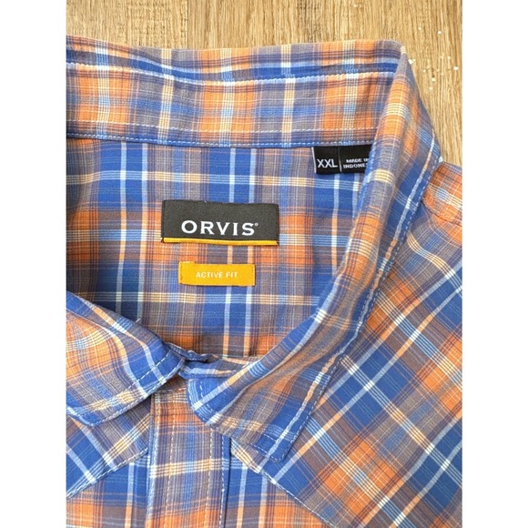 Orvis Other - Orvis Mens XXL Active Fit Short Sleeve Plaid Western Snap Shirt Blue Orange